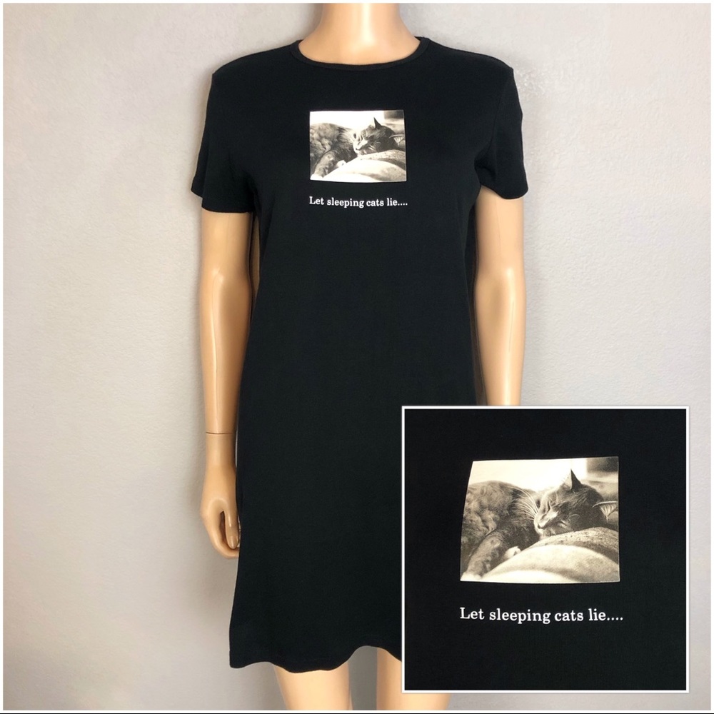 Next Cat Print T-Shirt Dress Short Sleeve Black